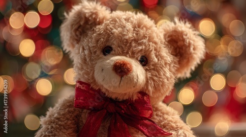 Teddy bear with a red Christmas bow against a Christmas tree and bokeh lights background. Christmas gift concept.