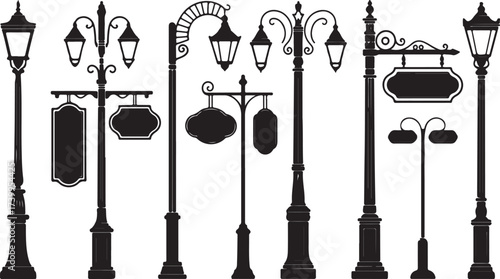 Vintage street lamps and ornate signs lampposts silhouette