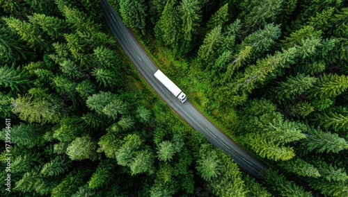 Aerial view of a white semi-truck driving on a winding road through a dense evergreen forest