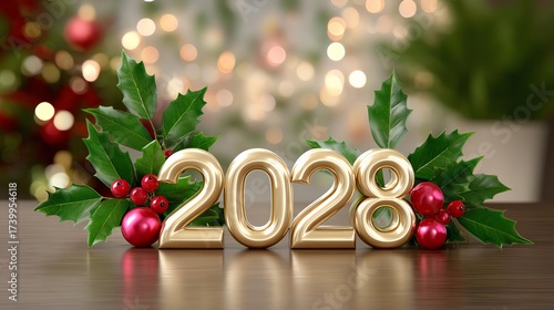 New Year's Eve 2028: This photorealistic image captures a golden 2028, bedecked with holly and red berries, celebrating the season of hope, joy, and a new beginning.
