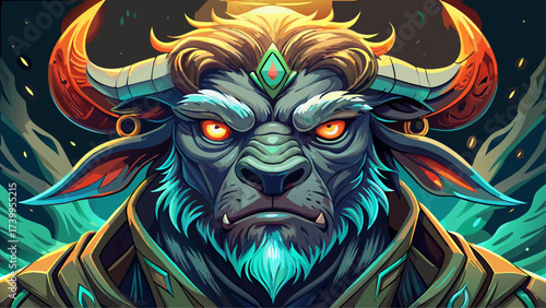 Close-up portrait of Minotaur, glowing beast eyes, surreal bull face, fantasy aura, dreamlike creature, mythical power, imaginative design, epic close-up artwork, legendary Greek monster.