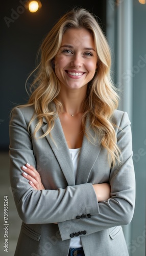 Confident woman smiling in a modern office setting