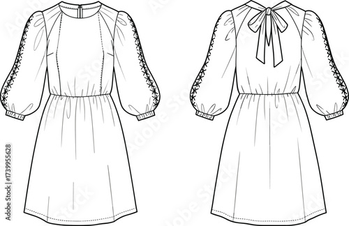CAD drawing flat vector illustration, women’s dress fashion sketch with puff sleeves, front and back view, clothing design template
