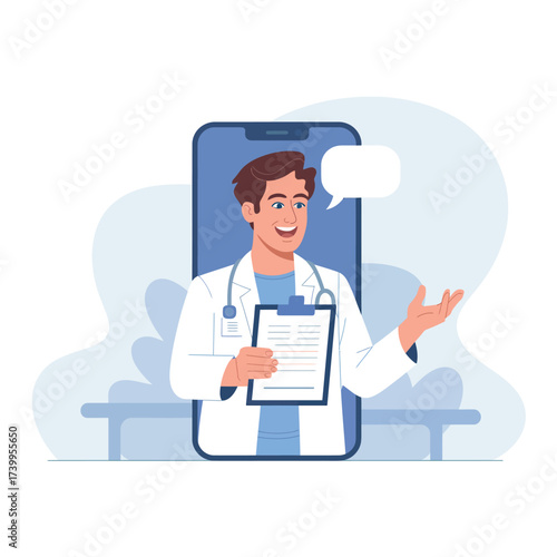 Doctor on smartphone screen providing online medical consultation and advice