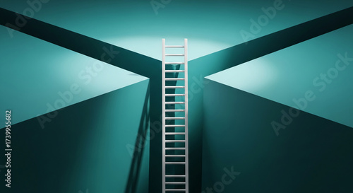 White ladder spanning a chasm between teal walls, representing solution, challenge, and overcoming obstacle in a minimalist, geometric composition