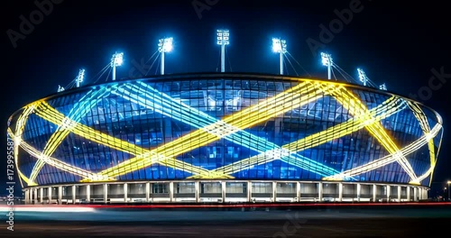 Vibrant illuminated stadium at night showcasing colorful lights and ambiance