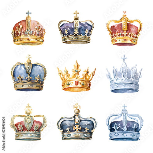 Exquisite Watercolor Collection of Royal Crowns for Creative Design Projects