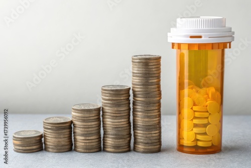 Stacked coins representing financial growth beside a prescription bottle filled with pills