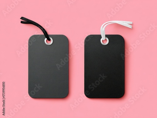 Two blank price tags, dark gray and black, with cord ties, on a pink background