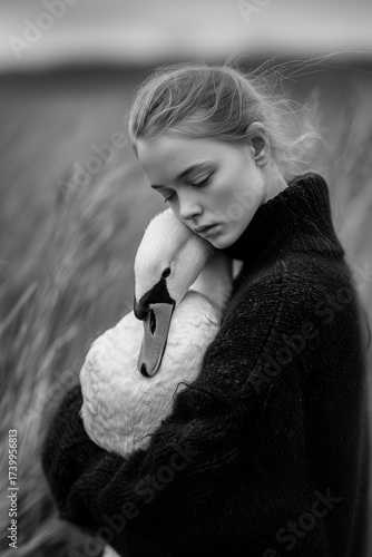 A woman is holding a swan in her arms