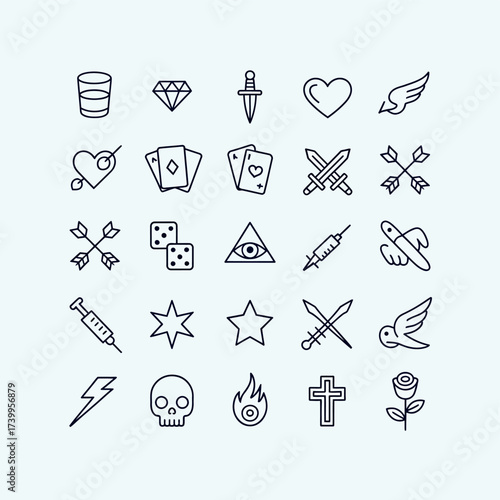 Collection of hand drawn tattoo flash art icons and symbols