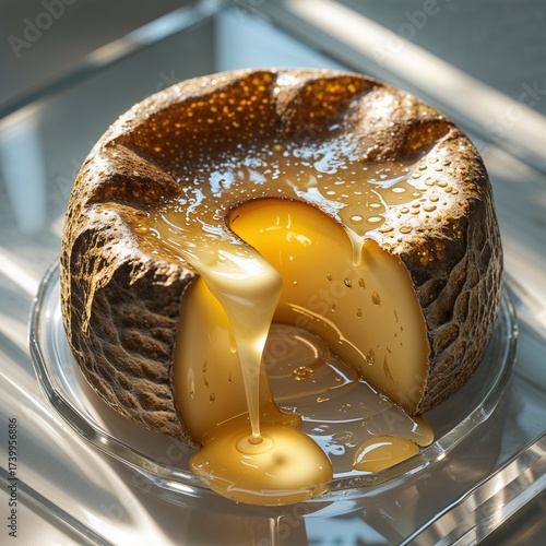 **Golden Indulgence: The Art of the Dripping Caramel Cheese**: This **luxurious food portrait** captures a **round of textured, caramelized cheese**, over which a **thick, golden sauce** cascades dram