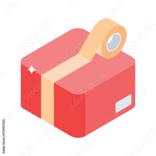 A simple isometric icon of parcel with tape, ready for shipment