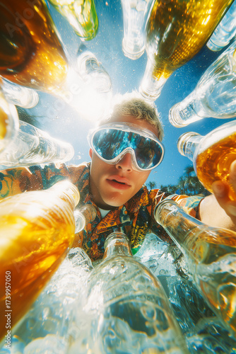 A man wearing sunglasses and a mask is surrounded by many bottles of beer