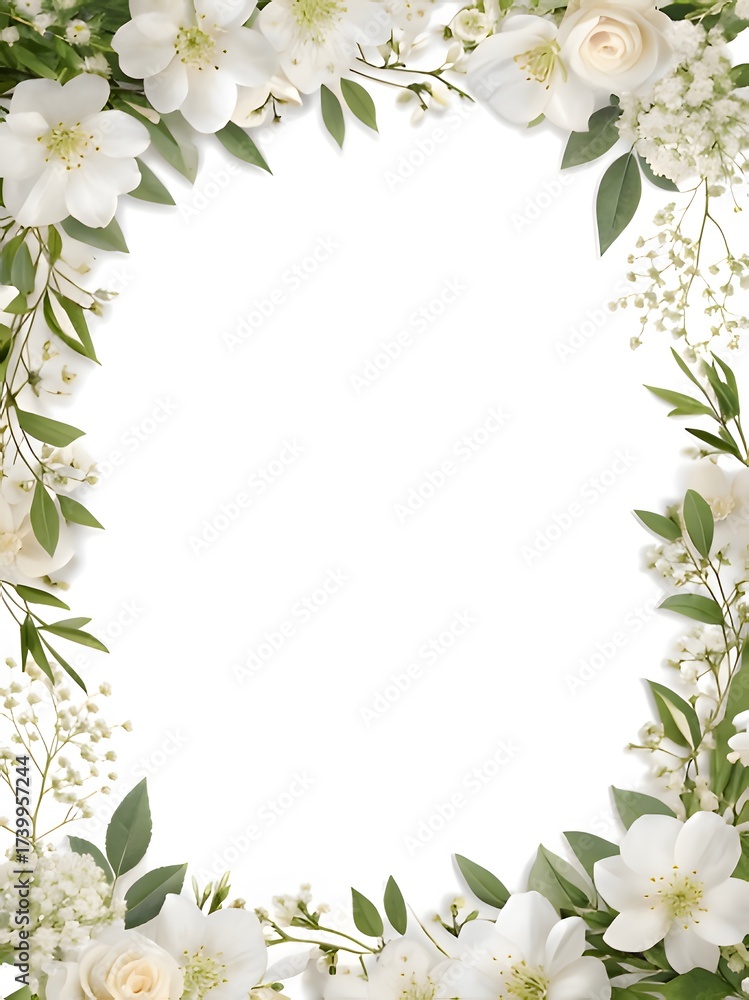 Naklejka premium Watercolor White Rose & Baby's Breath Floral Border Template, Printable Blank Invitation Background