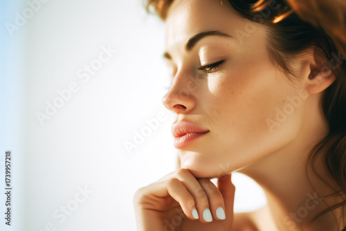 A woman with a white face and brown hair is looking at the camera