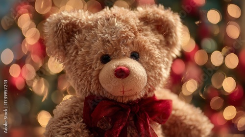 Teddy bear with a red Christmas bow against a Christmas tree and bokeh lights background. Christmas gift concept.