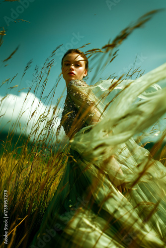 A woman is standing in a field of tall grass, wearing a green dress
