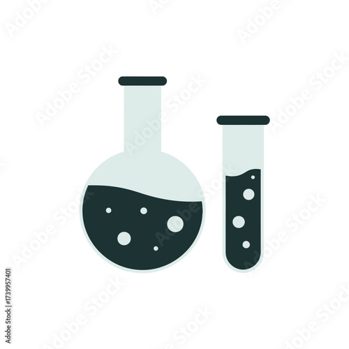 Two laboratory flasks filled with dark liquid and bubbles