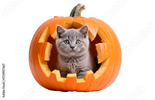 halloween pumpkin with a cat sitting inside isolated on white background