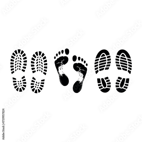 Set of shoe prints and bare footprints on a white background