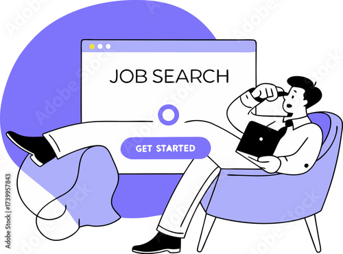 Man in suit sits in chair holding laptop with job search screen vector