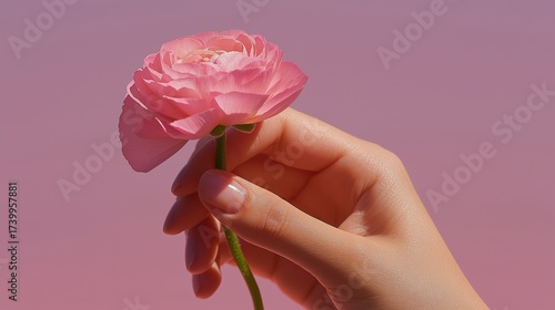 Close-up of a hand holding a single pink flower. the hand is positioned in a way that the fingers are slightly curled around the stem.