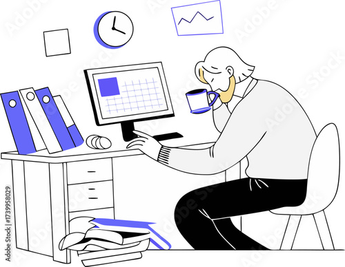 Man with blonde hair and beard drinking coffee at desk with computer and binders