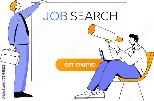 Two men interacting with a job search interface and laptop hiring employment