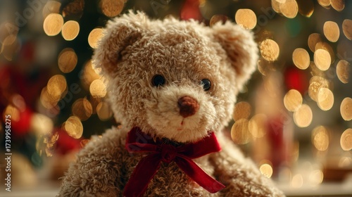 Teddy bear with a red Christmas bow against a Christmas tree and bokeh lights background. Christmas gift concept.