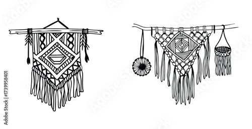 Minimalist line art sketch of a boho crafts black silhouette style vector art design