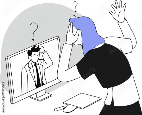 Woman with purple hair confused during video call with man computer confusion