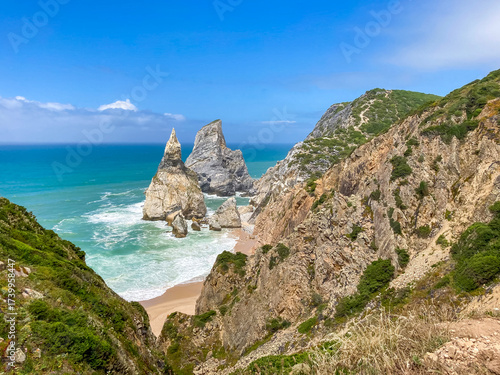 Canvastavla Ursa beach near Cabo da Roca top view features rugged cliffs, turquoise ocean waves, and a rocky outcrop