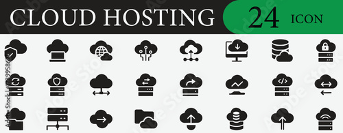 Cloud hosting, cloud server, cloud storage, cloud computing, database, backup, sync, secure network, encryption, digital web icon set vector