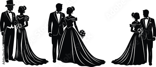Elegant wedding couple silhouettes in formal attire, romantic poses with bouquets and tuxedos, vector illustration perfect for invitations, save-the-dates, or bridal event design.