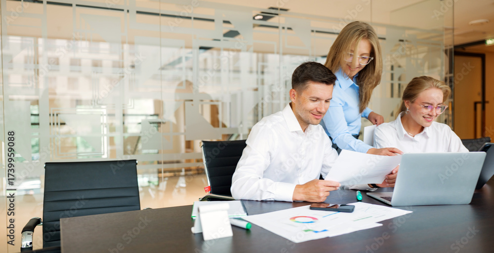 Fototapeta premium Team collaboration on business project in modern office setting