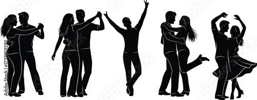 Dynamic dancing couples in silhouette, romantic and energetic poses, vector illustration set ideal for party, wedding, dance studio, or event promotion with modern flair.