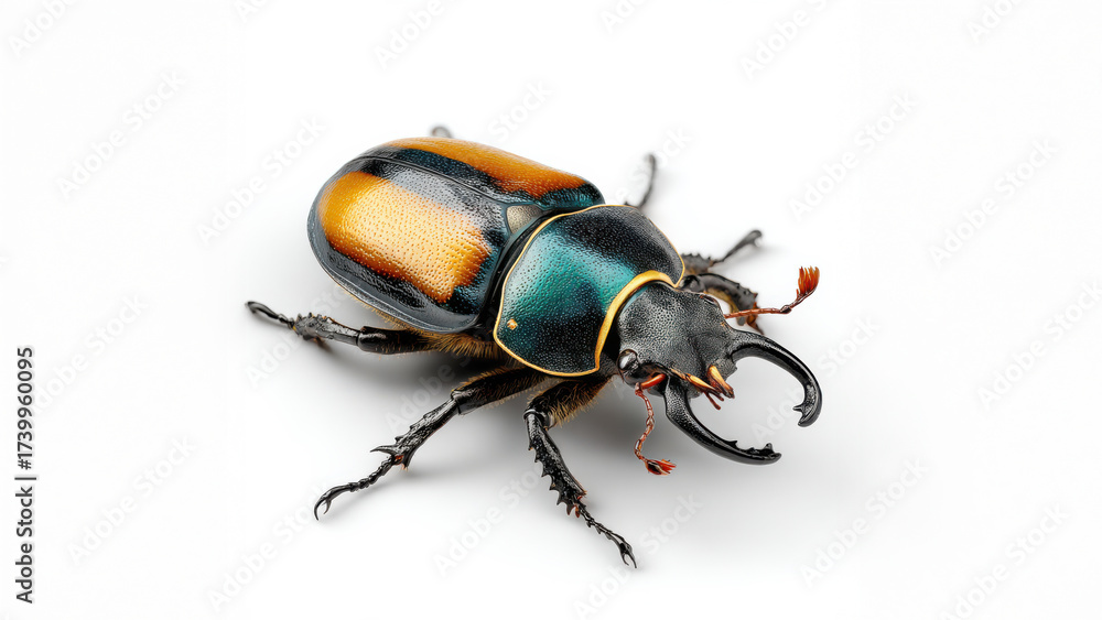Naklejka premium Full-body stag beetle with elongated mandibles and glossy dark exoskeleton, detailed legs and antennae, natural stance, isolated on white background