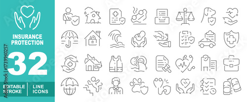 Insurance protection set of web icons in line style. Containing heart, doctor, houseshield, report, car, file, scale, dog, heart, umbrella, house, wave, hands, doctor, carsheild. Editable stroke icons