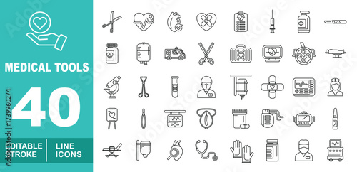 Medical tools set of web icons in line style. Containing heart, scissors, heartbeat, heart, report, injection, pills, iv, ambulance, briefcase, monitor, light, stretcher. Editable stroke icons