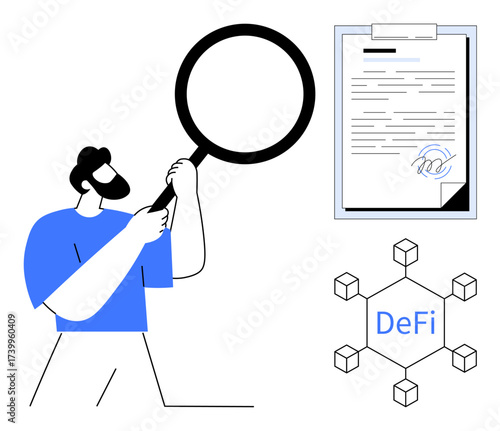 Man examines detailed contract using magnifying glass, with decentralized finance blockchain. Ideal for financial analysis, transparency, smart contracts, blockchain, crypto, digital agreements