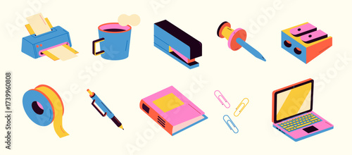 Isometric school and office tools collection. Colorful Stationery Vector Pack. Retrocolor office stationery set. Printer, mug, paper clips, adhesive tape, sharpener, pushpin, laptop, folder, pen. 