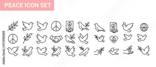 A collection of line art icons depicting symbols of peace and harmony.