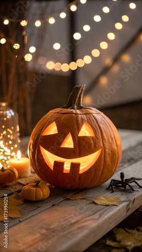 A glowing jack-o-lantern with a classic carved face shines brightly. surrounded by soft bokeh