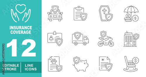 Insurance coverage set of web icons in line style. Containing handheart, carshield, car, report, coffin, umbrella, cardshield, truckshield, bikeshield, buildingshield. Editable stroke icons collection
