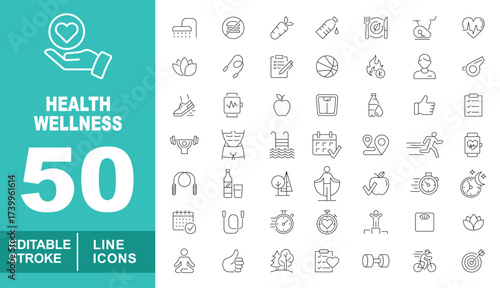Health wellness set of web icons in line style. Containing handheart, shower, stop, carrot, water, meal, bike, heartbeat, lotus, jump, clipboard, ball, flame, man, whistle. Editable stroke icons 