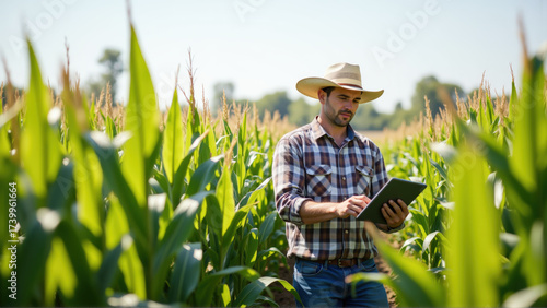 Farmer Using Tablet in Corn Field for Modern Agriculture Solutions