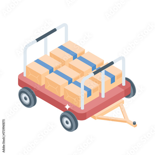 An isometric illustration of a wooden hand cart loaded with several identically sized packages.