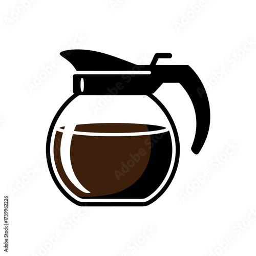 Glass coffee pot filled with dark coffee on a white background