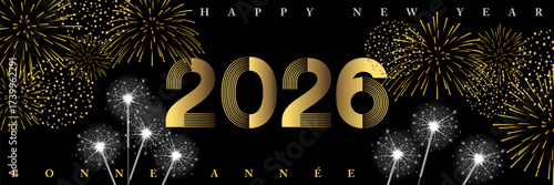 2026 - Bannière pour la nouvelle année dans une ambiance de fêtes nocturnes avec des feux d’artifices et des cierges magiques - texte Français et anglais, traduction : bonne année.